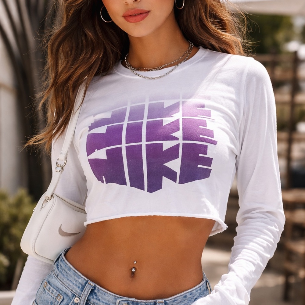 Nike White Cropped Long-Sleeve Top with Purple Block Logo